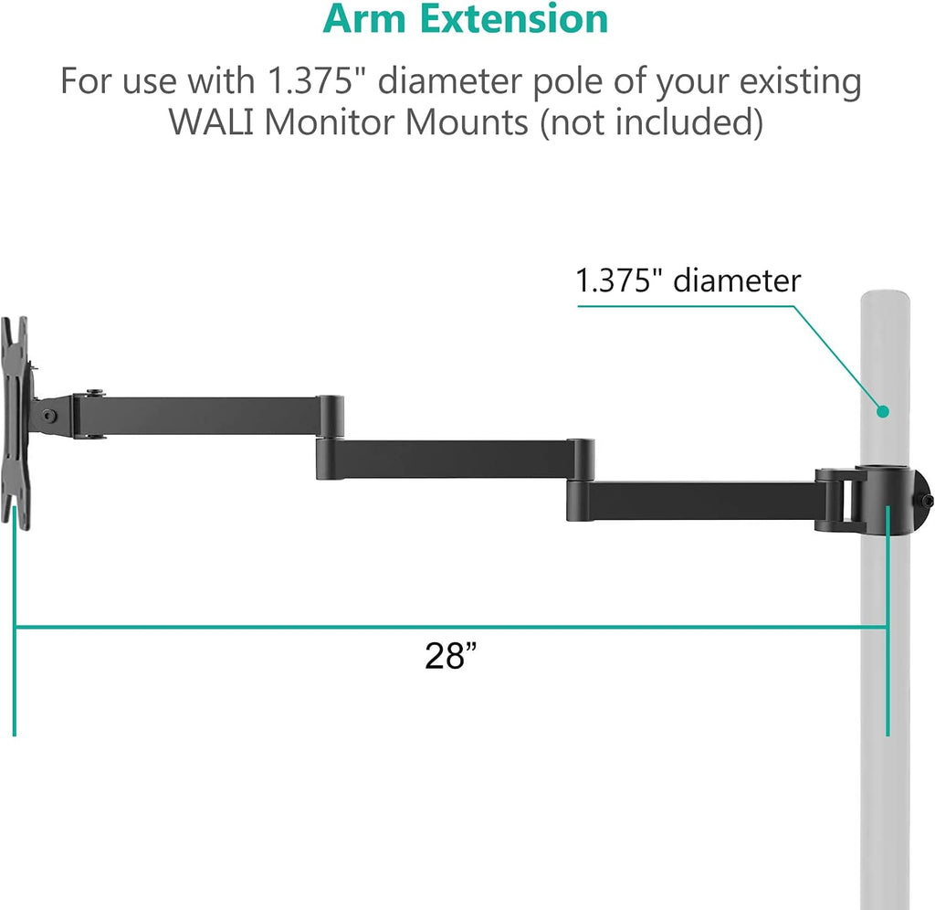 WALI Single Monitor Arm, Universal 3 Tier Arm Fully Adjustable Pole Mount Bracket for WALI Monitor Mounting System (001ARMXL), Black