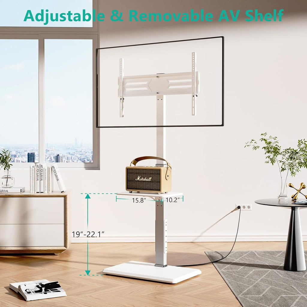 WALI Floor TV Stand with Power Outlet & AV Shelf, Tall TV Stand Mount for 32-75 inch TV up to 110 lbs, Swivel and Height Adjustable TV Stands with Wood Base for Bedroom, Office(TVDVD-6PW), White