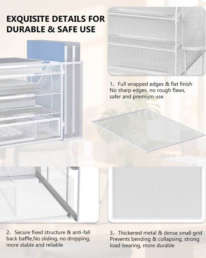 WALI Desk File Organizer, 4 Tier Desktop Paper Letter Tray Organizer with Drawer and 2 Pen Holders, Office Desk Accessories & Workspace Organizers for Office, Home Supplies(DO005DH-W), 1 Pack, White