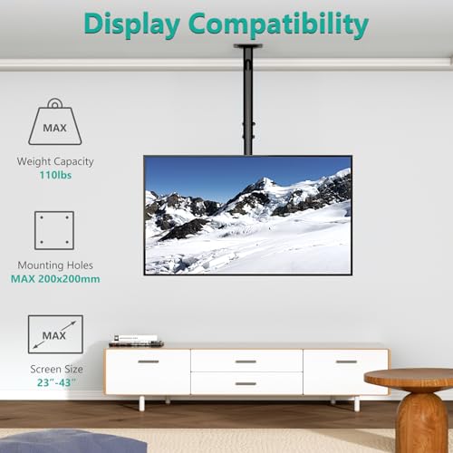 WALI TV Ceiling Mount Adjustable Bracket Fits Most LED, LCD, OLED and Plasma Flat Screen Display 23 to 43 Inch, up to 110 Lbs, Mounting Holes 200x200mm (CM2343), Black
