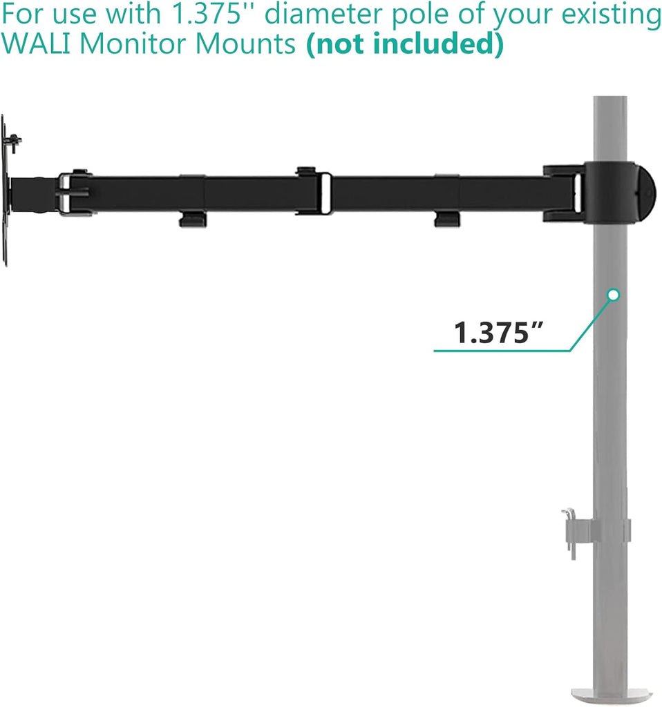 WALI Single Monitor Arm, Fully Adjustable Pole Mount Bracket for WALI Monitor Mounting System (001ARM), Black