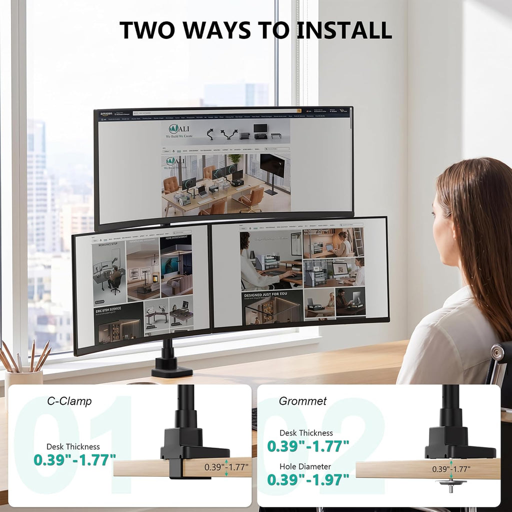 WALI Stacked Triple Monitor Mount for 49" UItrawides and Dual 34" Monitors | Heavy Duty 3 Monitor Arm up to 33 lbs, Full Motion with Tilt, Swivel, Rotation, C-Clamp & Grommet Base, VESA 75/100mm, Black