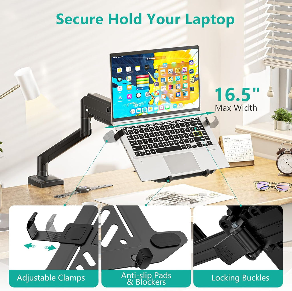 WALI Laptop Desk Mount, 2-in-1 Monitor Mount Fits up to 17” Notebook and 34” Monitors, Laptop Stand for Desk Adjustable Height, Monitor Arm with Laptops Holder, Max Holds 22-26.4lbs(GSMP001LPN), Black