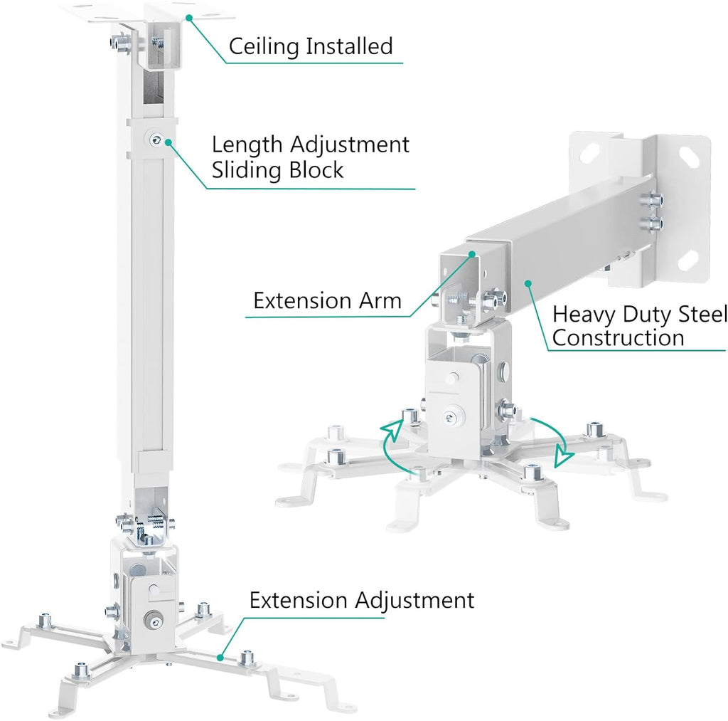 WALI Projector Mount Ceiling/Wall - Universal 3-in-1 Bracket with Extension Pole, Height Adjustable Holder for LCD/DLP Projectors, Supports up to 44lbs, White (PM-003-W)