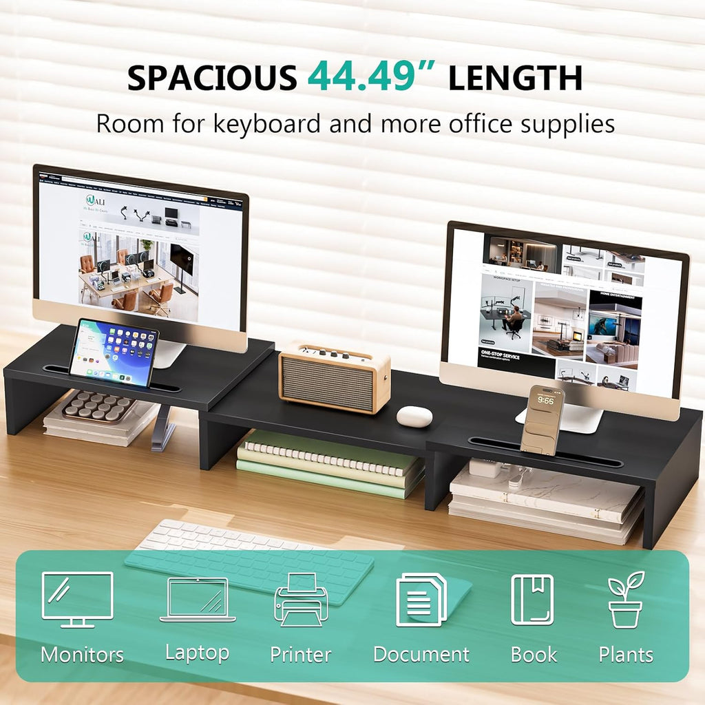 WALI Extra Long Wooden Dual Monitor Stand Riser with 2 Slots, up to 22lbs | Underneath Storage, Adjustable Length & Angle, Multi-Purpose Desktop Organizer Desk Shelf for Home Office PC, Laptop, Printer