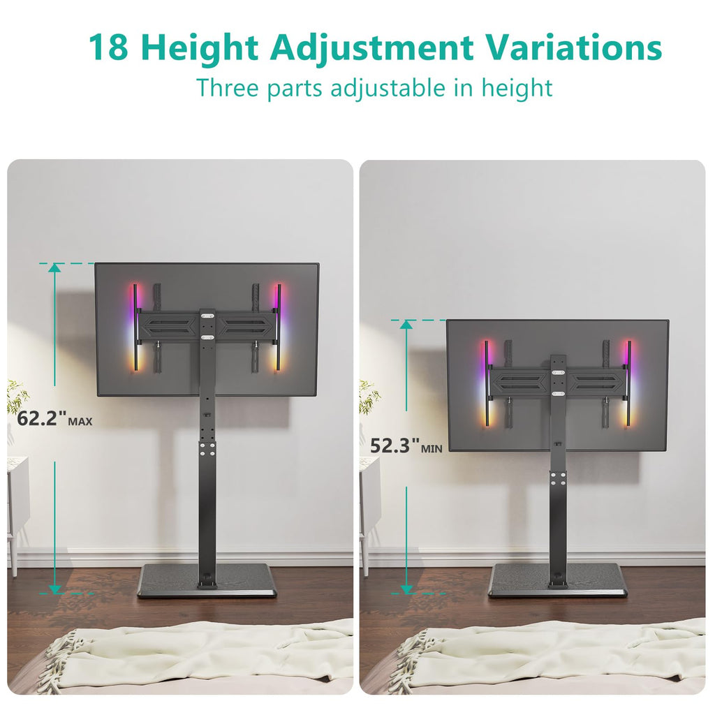 WALI Floor TV Stand with LED Lights, Tall TV Stand Mount for 32-75 inch TV up to 110 lbs, Swivel and Height Adjustable TV Stand with Wood Base for Bedroom, Office(TVDVD-7L), Black