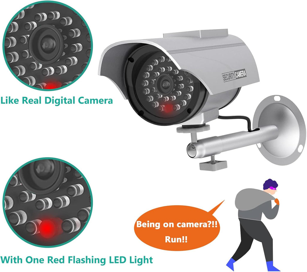 WALI Solar Powered Bullet Dummy Fake Simulated Surveillance Security CCTV Dome Camera Indoor Outdoor with 1 LED Light, Security Alert Sticker Decal (SOLTC-S4), 4 Packs, Silver