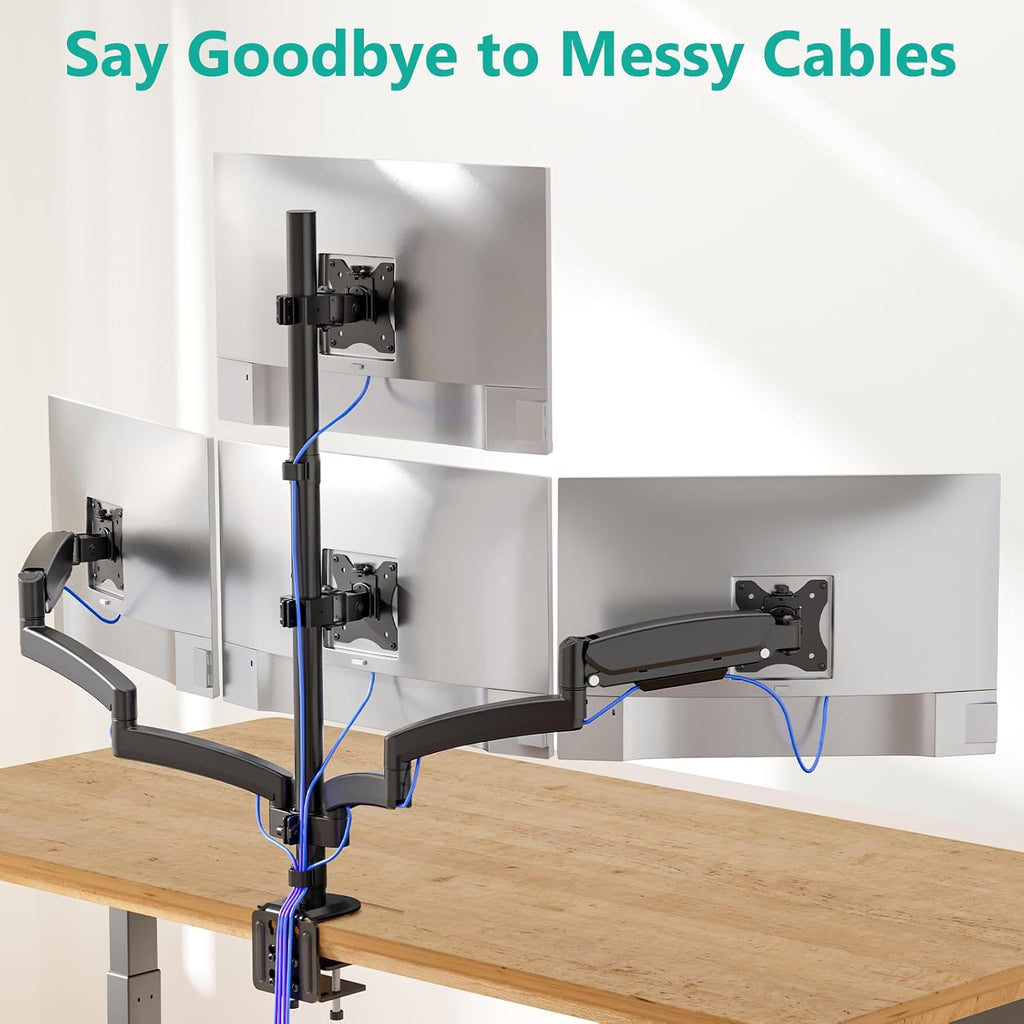 WALI Quad Monitor Mount for 17-27 inch Screens, Extra Tall 4 Monitors Desk Mount, up to 19.8lbs, 32.2 inch Height Max, Fully Adjustable Gas Spring 4 Monitor Stand, VESA 75/100mm (GSDM004S), Black