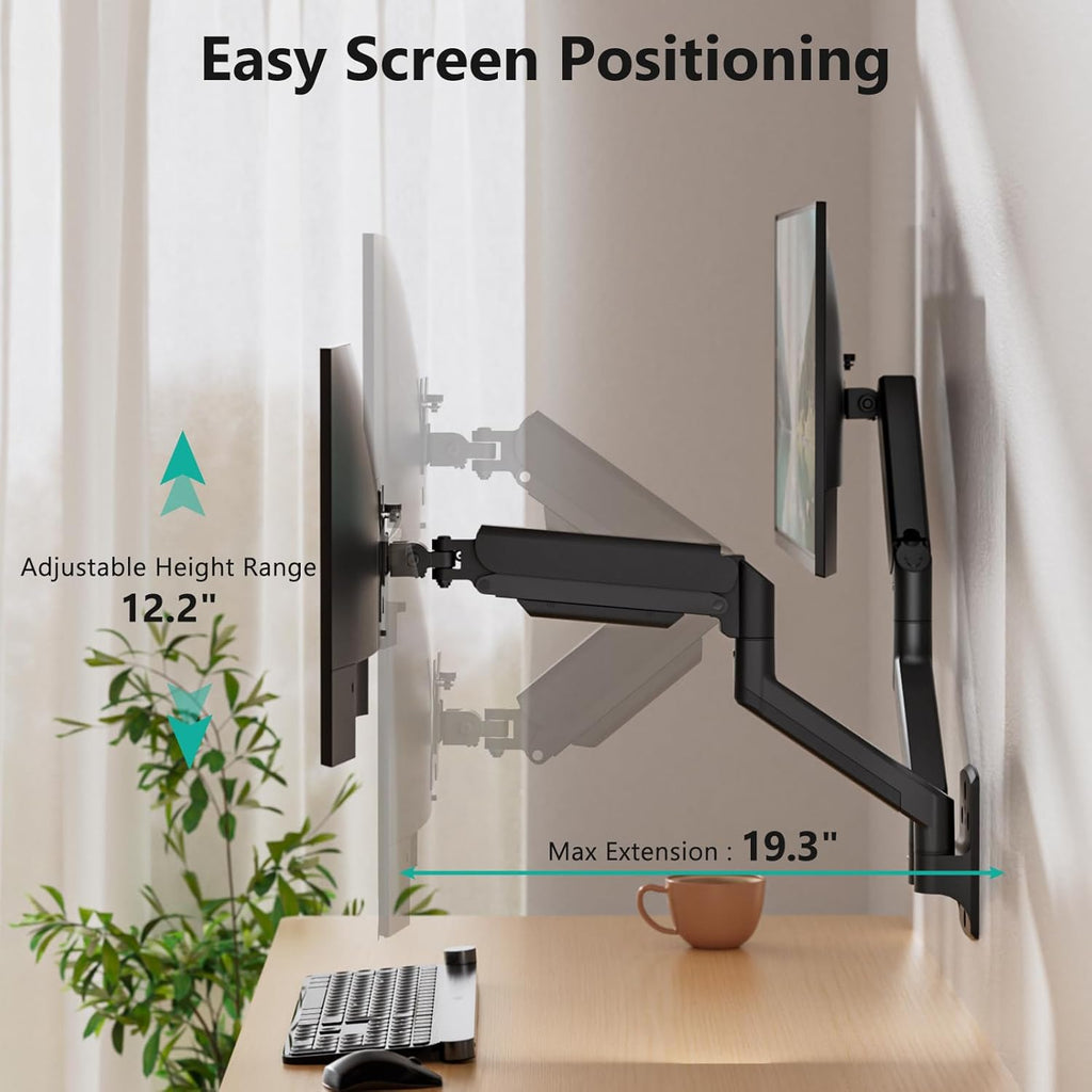 WALI Dual Monitor Wall Mount for 17 to 32 inch Screens, Monitor Wall Mounts for 2 Monitors, Holds up to 22 lbs, Fully Adjustable Gas Spring Monitor Arm,75x75/100x100 VESA Wall Mount (GSWM002), Black
