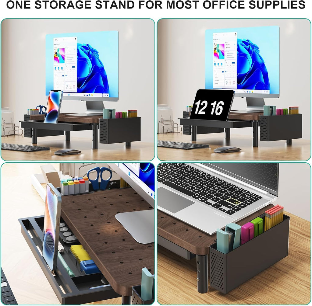 WALI Plastic Computer Monitor Stand with Storage, Desk Organizer with Drawer and Pen Holder, Desk Monitor Riser 3 Height Adjustable, Laptop Riser for Computer, Laptop, Printer(PTT003-C), 1 Pack, Brown