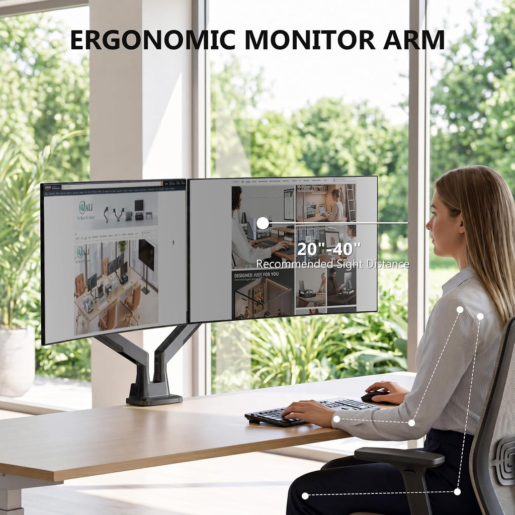 WALI Adjustable Dual Monitor Mount for 13-43 inch Screens, up to 22 lbs | Ultrawide Monitor Arms for 2 Monitors, Full Motion with Tilt, Swivel, Rotation, C-Clamp/Grommet, VESA 75/100mm (GSM002XLN)