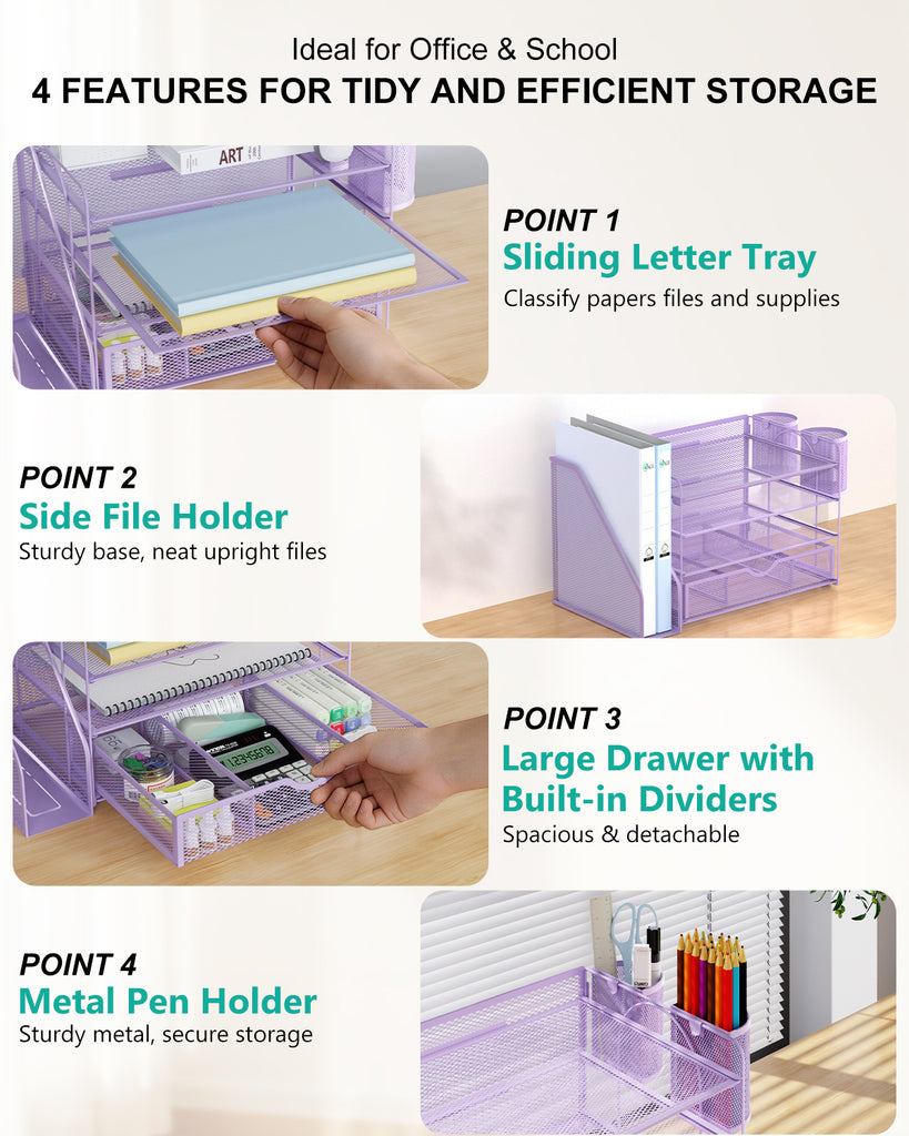 WALI Desk File Organizer, 4 Tier Desktop Paper Letter Tray Organizer with Drawer and 2 Pen Holders, Office Desk Accessories & Workspace Organizers for Office, Home Supplies(DO005DH-V), 1 Pack, Purple