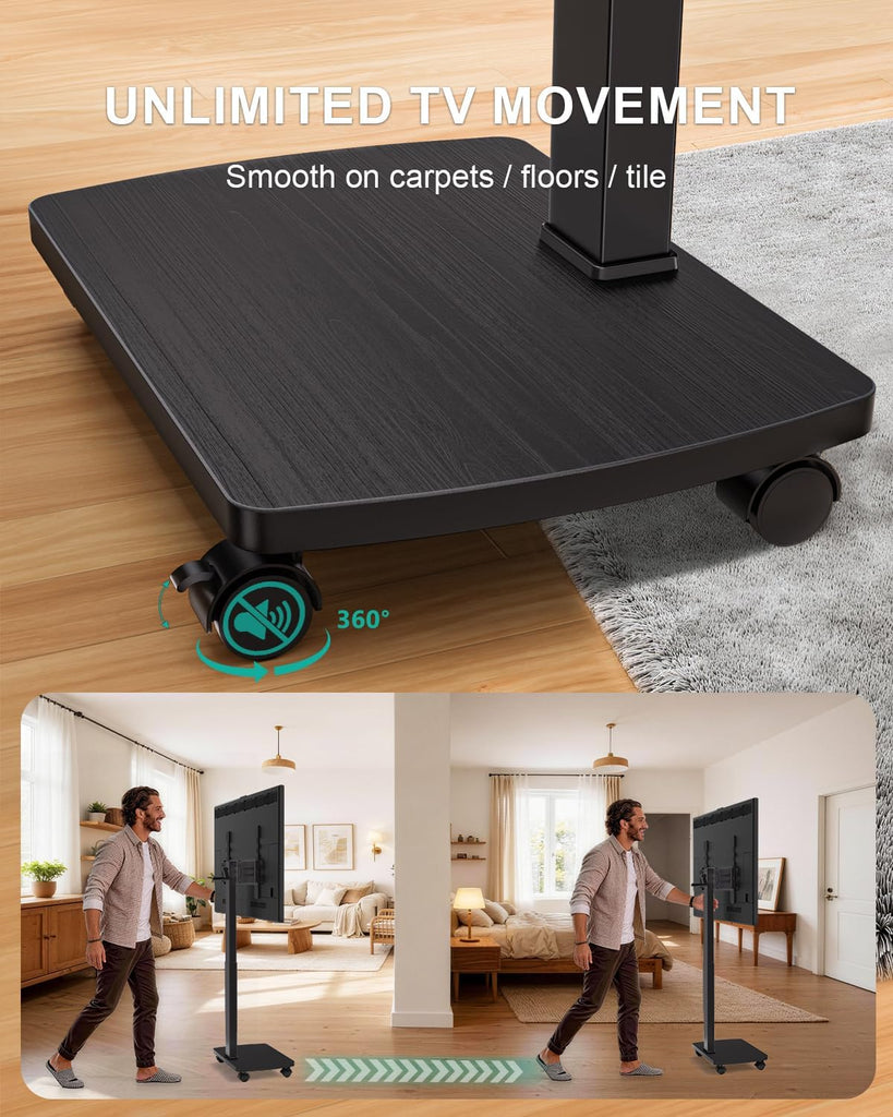 WALI Rolling TV Stand with Hand Crank Lift, Mobile Tall Television Stand Mount on Wheels for 30-70” TVs up to 110 lbs, Swivel Height Adjustable TV Cart with Wood Base for Bedroom(TVDVD-7MR), Black