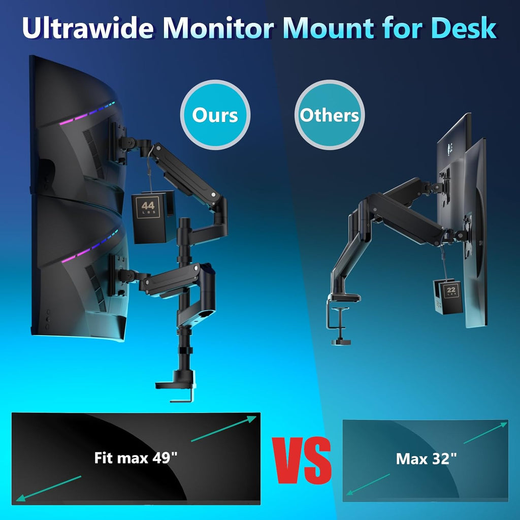 WALI Dual Monitor Mount for Ultrawide Heavy Duty Curved Monitor Stacking, Dual Monitor Arm Fits 17-49 Inch for Ultrawide Screens up to 44lbs, 49 inch Monitor Arm(GSDM002-P), Black