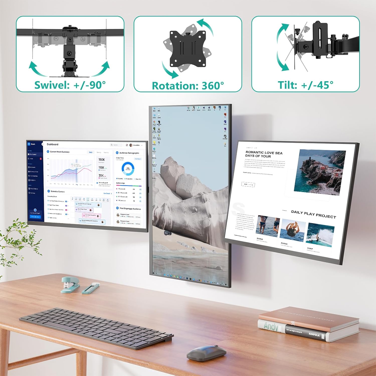 WALI Triple Monitor Wall Mount for 32