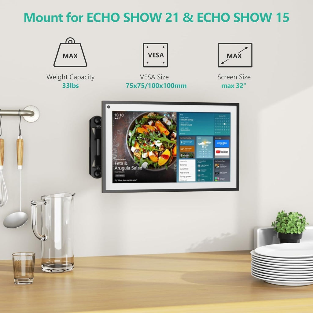 WALI Mount for Echo Show 21, Echo Show 15, Adjustable Wall Mounting Bracket with Heavy Duty 15” Extension Arm, Rotate Tilt Swivel for Echo Show 21, Echo Show 15, Holds up to 33lbs, Black (1330LM-ES)