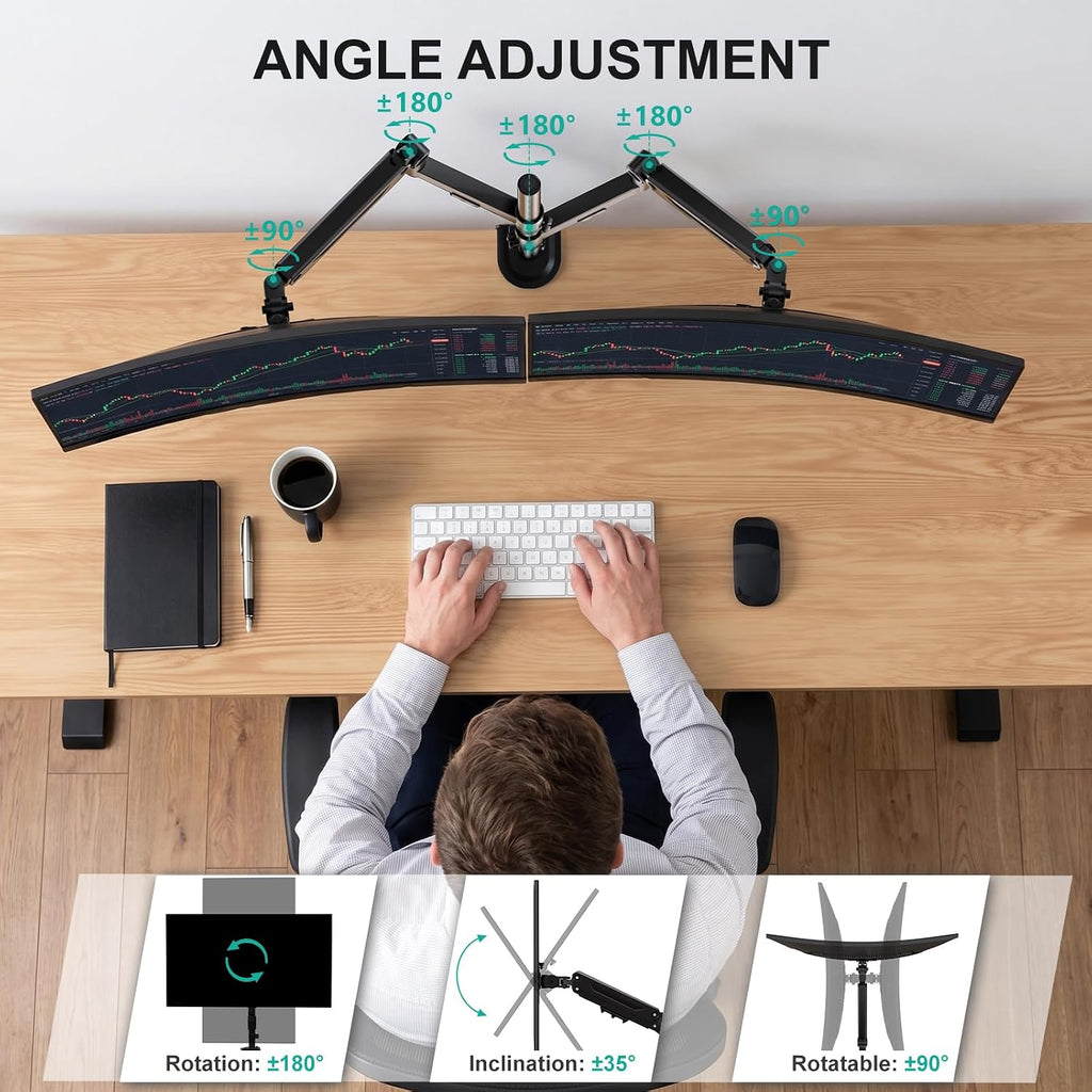 WALI Vertical Dual Monitor Mount for 13-40 inch Screens, up to 26.4 lbs | Stacked Dual Monitor Stand, Full Motion with Tilt, Swivel, Rotation, C-Clamp/Grommet Base, VESA 75/100mm (GSDM002M), Black
