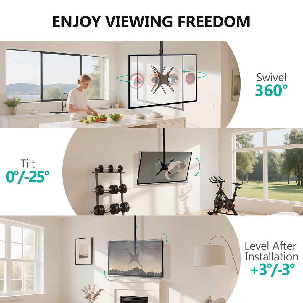 WALI Long Arm TV Ceiling Mount, Fits Most LED, LCD, OLED and Plasma Flat Screen Display 26 to 65 Inch, up to 110 Lbs, Height Extension up to 58 Inch, Mounting Holes up to 400x400mm (CM2665XL), Black