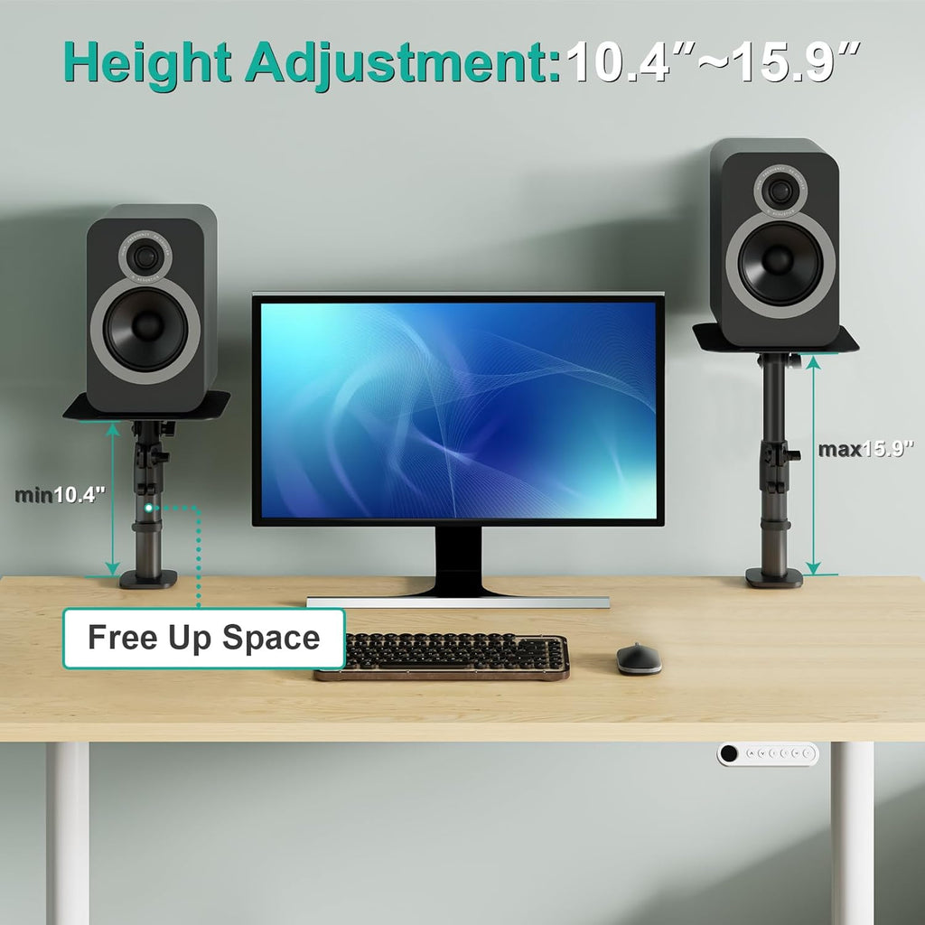 WALI Studio Monitor and Speaker Stand, Clamp-on Desktop Stand Set of 2, Height Adjustable Universal Audio Holder for Bookshelf Speakers Laptops Projectors (SDS003), Black