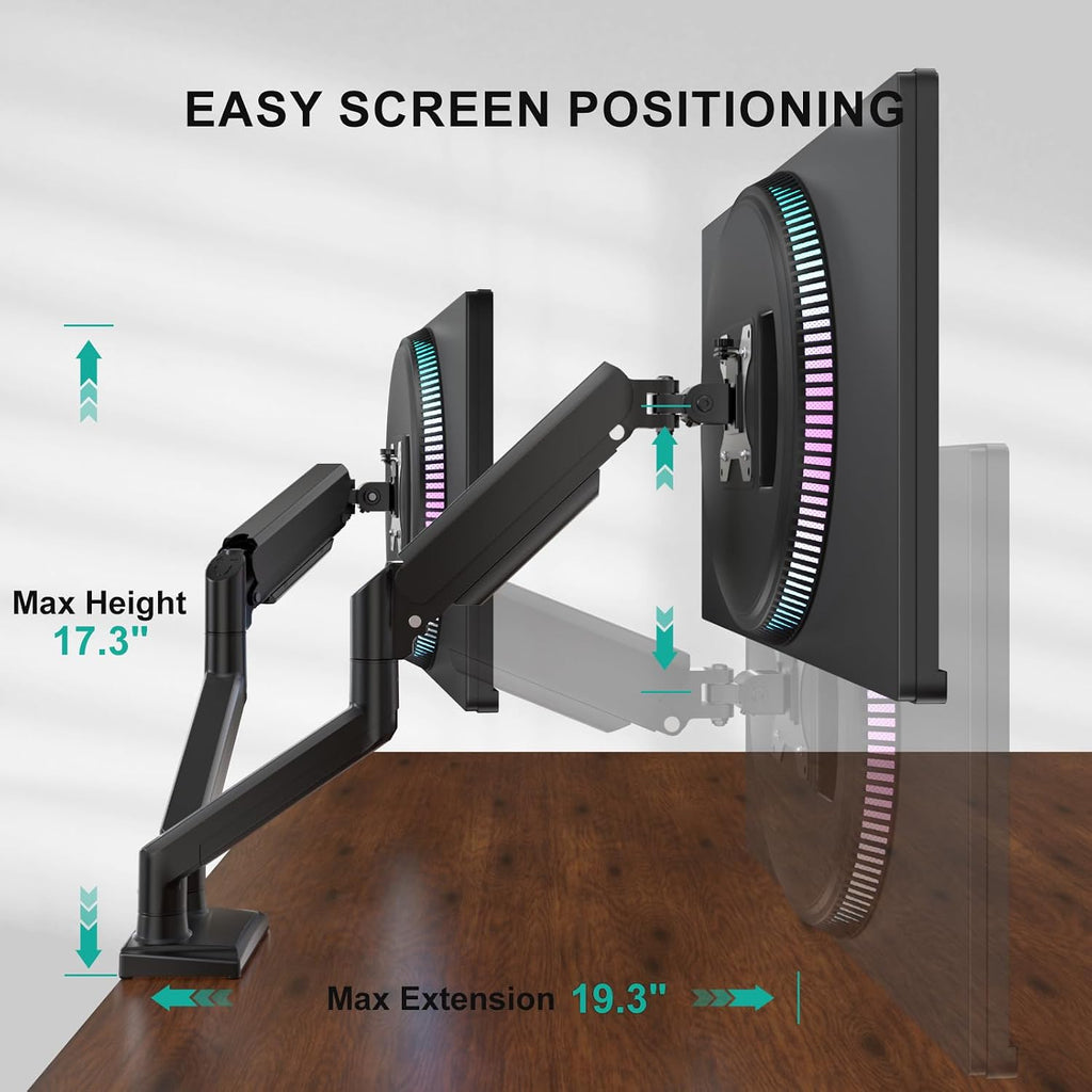 WALI Adjustable Dual Monitor Arm for 13-32 inch Screens, 22 lbs per Arm | Dual Monitor Stand for Desk, Full Motion with Tilt, Swivel, Rotation, C-Clamp & Grommet Base, VESA 75/100mm (GSMP002N), Black