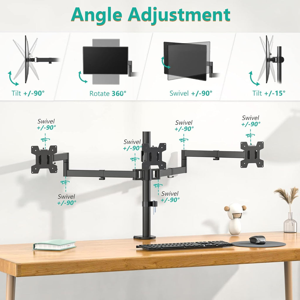WALI Triple Monitor Mount, 3 Monitor Desk Mount for 13-27 inch Computer Screens, Holds up to 22 lbs, Triple Monitors Stand for Desk, with Tilt, Swivel, Rotation, VESA 75/100mm (M003S), Black
