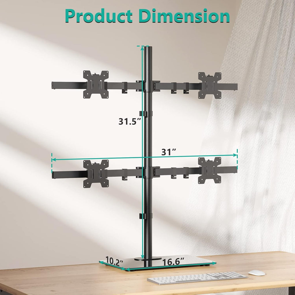 WALI Freestanding Quad Monitor Mount for 17-27 Inch Screens, Fully Adjustable 4 Monitor Stand with Swivel, Tilt, Rotation, Glass Base, Max Load 22 lbs per Arm (GMF004), Black