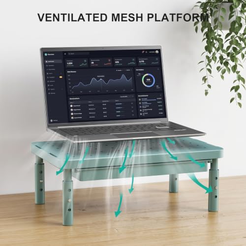 WALI 3 Height Adjustable Computer Monitor Stand with Storage, up to 44 lbs|Desk Organizer with Drawer, Vented Holes, Fits Computer, Laptops, Printers, for Home, Office (PTT002-K), 1 Pack, Dark Green