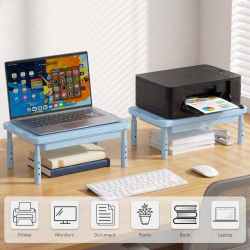 WALI 3 Height Adjustable Computer Monitor Stand with Storage, up to 44 lbs|Desk Organizer with Drawer, Vented Holes, Fits Computer, Laptops, Printers, for Home, Office, School (PTT002-S),1 Pack, Blue