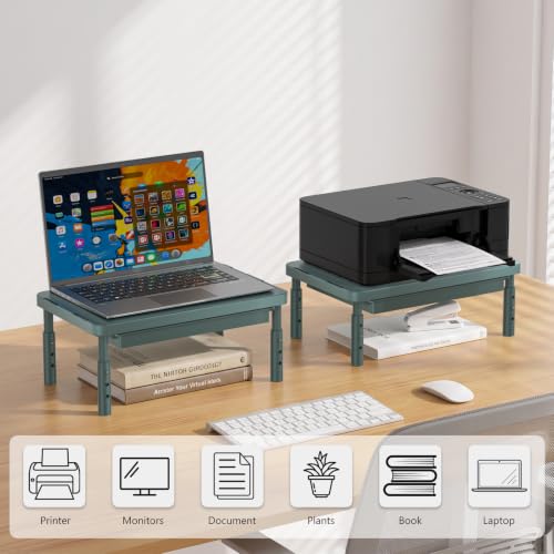 WALI 3 Height Adjustable Computer Monitor Stand with Storage, up to 44 lbs|Desk Organizer with Drawer, Vented Holes, Fits Computer, Laptops, Printers, for Home, Office (PTT002-K), 1 Pack, Dark Green