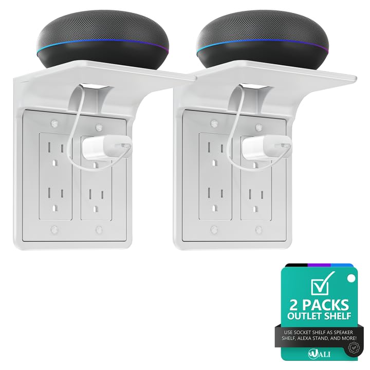 WALI Double Outlet Shelf Wall Holder – Bathroom Shelf Duplex for Electric Toothbrush, HomePod Mini, Echo Dot & Phone Charging – White-2 Packs (DLS002-W)