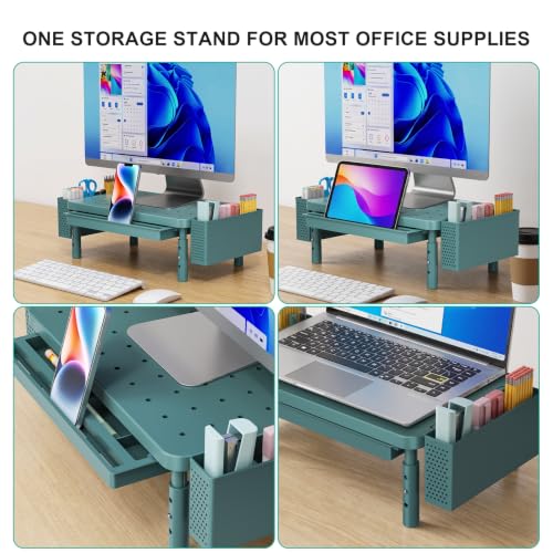 WALI Computer Monitor Stand with Storage and Pen Holder|3 Height Adjustable Desk Organizer with Drawer, Desk Laptop Monitor Riser for Printer(PTT003-K), 1 Pack, Dark Green