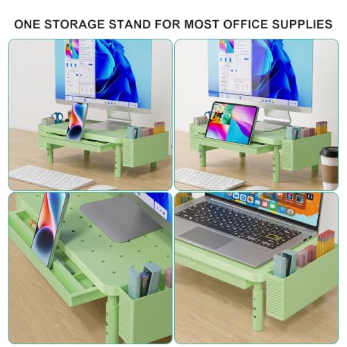WALI Computer Monitor Stand with Storage and Pen Holder|3 Height Adjustable Desk Organizer with Drawer, Desk Laptop Monitor Riser for Computer, Printer(PTT003-N), 1 Pack, Green