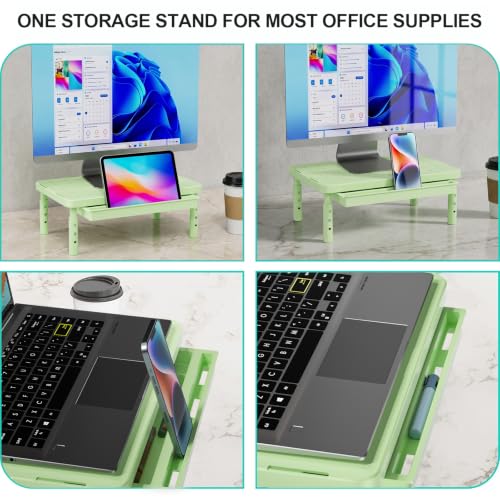 WALI 3 Height Adjustable Computer Monitor Stand with Storage, up to 44 lbs|Desk Organizer with Drawer, Vented Holes, Fits Computer, Laptops, Printers, for Home, Office, School (PTT002-N),1 Pack,Green
