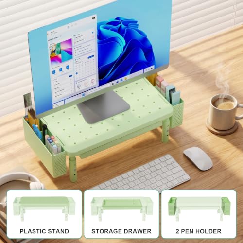 WALI Computer Monitor Stand with Storage and Pen Holder|3 Height Adjustable Desk Organizer with Drawer, Desk Laptop Monitor Riser for Computer, Printer(PTT003-N), 1 Pack, Green