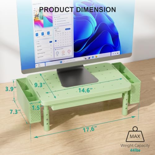 WALI Computer Monitor Stand with Storage and Pen Holder|3 Height Adjustable Desk Organizer with Drawer, Desk Laptop Monitor Riser for Computer, Printer(PTT003-N), 1 Pack, Green