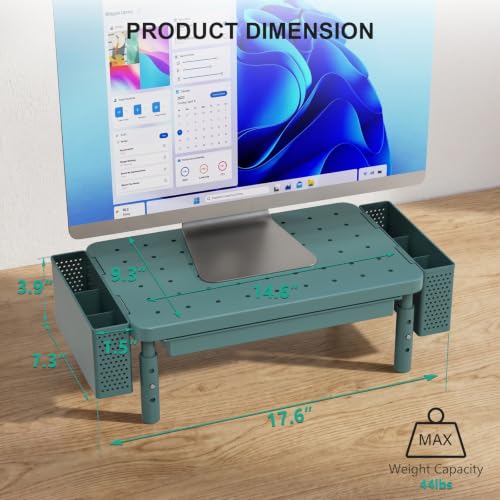 WALI Computer Monitor Stand with Storage and Pen Holder|3 Height Adjustable Desk Organizer with Drawer, Desk Laptop Monitor Riser for Printer(PTT003-K), 1 Pack, Dark Green