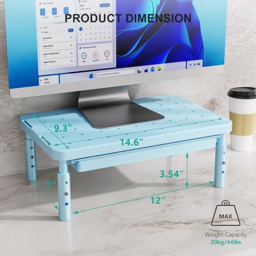WALI 3 Height Adjustable Computer Monitor Stand with Storage, up to 44 lbs|Desk Organizer with Drawer, Vented Holes, Fits Computer, Laptops, Printers, for Home, Office, School (PTT002-S),1 Pack, Blue
