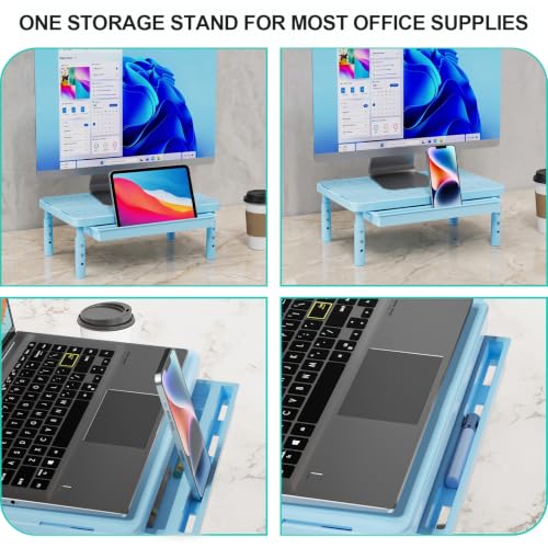 WALI 3 Height Adjustable Computer Monitor Stand with Storage, up to 44 lbs|Desk Organizer with Drawer, Vented Holes, Fits Computer, Laptops, Printers, for Home, Office, School (PTT002-S),1 Pack, Blue