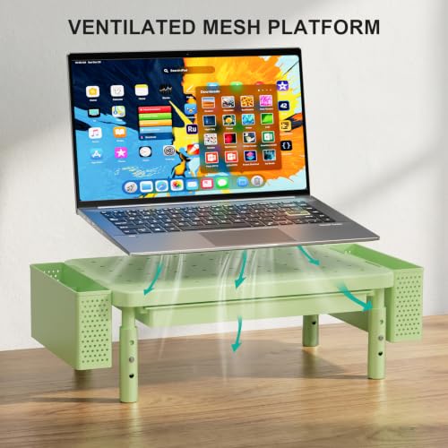 WALI Computer Monitor Stand with Storage and Pen Holder|3 Height Adjustable Desk Organizer with Drawer, Desk Laptop Monitor Riser for Computer, Printer(PTT003-N), 1 Pack, Green