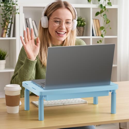 WALI 3 Height Adjustable Computer Monitor Stand with Storage, up to 44 lbs|Desk Organizer with Drawer, Vented Holes, Fits Computer, Laptops, Printers, for Home, Office, School (PTT002-S),1 Pack, Blue