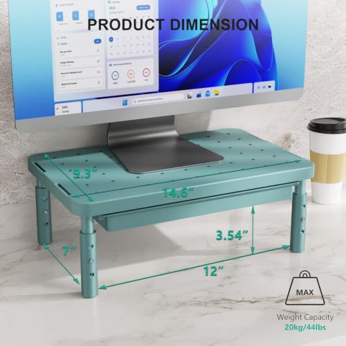 WALI 3 Height Adjustable Computer Monitor Stand with Storage, up to 44 lbs|Desk Organizer with Drawer, Vented Holes, Fits Computer, Laptops, Printers, for Home, Office (PTT002-K), 1 Pack, Dark Green