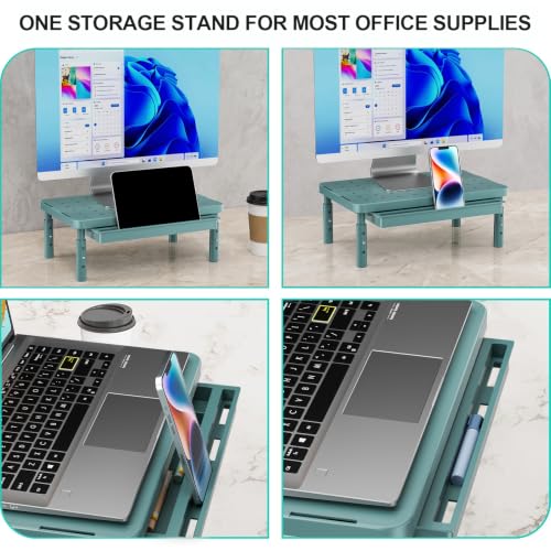 WALI 3 Height Adjustable Computer Monitor Stand with Storage, up to 44 lbs|Desk Organizer with Drawer, Vented Holes, Fits Computer, Laptops, Printers, for Home, Office (PTT002-K), 1 Pack, Dark Green