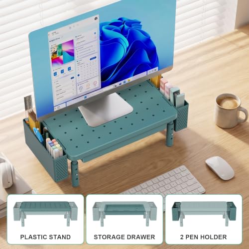 WALI Computer Monitor Stand with Storage and Pen Holder|3 Height Adjustable Desk Organizer with Drawer, Desk Laptop Monitor Riser for Printer(PTT003-K), 1 Pack, Dark Green