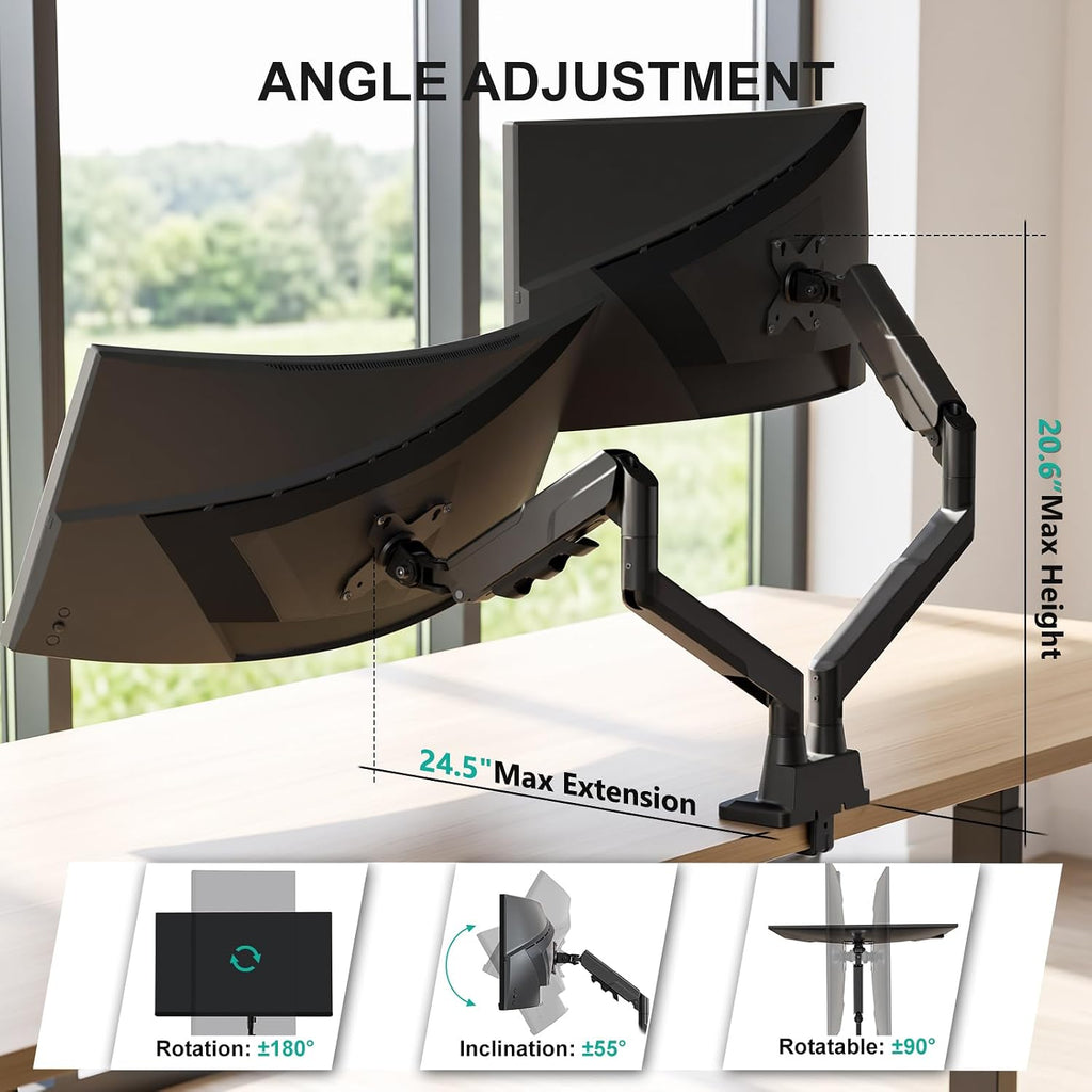 WALI Adjustable Dual Monitor Mount for 13-43 inch Screens, up to 22 lbs | Ultrawide Monitor Arms for 2 Monitors, Full Motion with Tilt, Swivel, Rotation, C-Clamp/Grommet, VESA 75/100mm (GSM002XLN)
