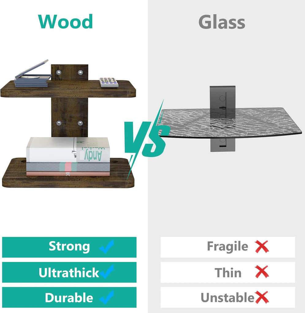 WALI Projector Mount Floating TV Shelf, Holds Up to 22lbs, Wooden Wall Mounted Shelves Under TV Shelf for DVD Players, Cable Boxes, Routers, Game Consoles, PlayStation Accessories (CS202NC), 2 Shelves