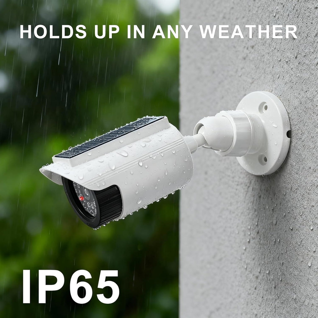 WALI Fake Dummy Camera, Solar Powered Fake Security Camera with LED Light, for Inside Outside Decoy Simulated Surveillance Security CCTV Dome Cameras with Warning Sticker (SOLTC-W4), 4 Packs, White