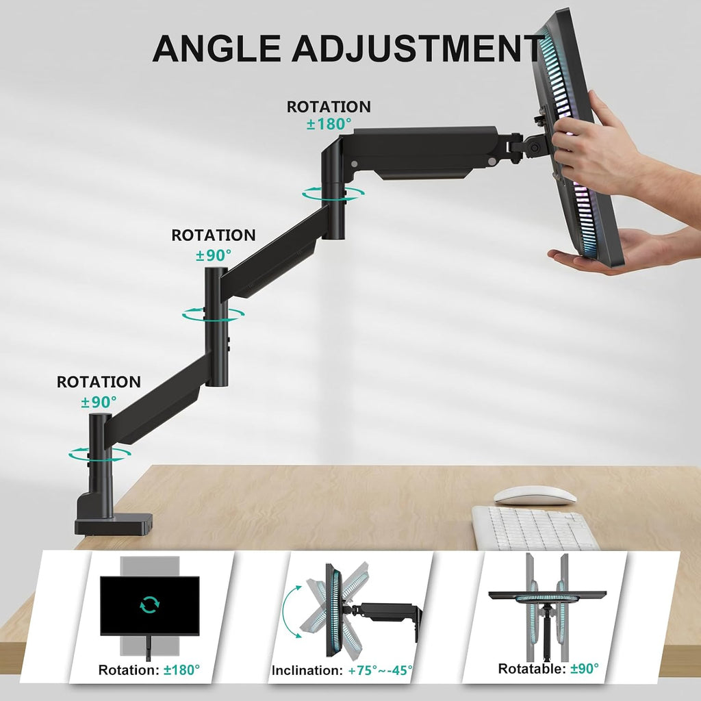 WALI Extra Long Single Monitor Arm for 17-38 inch Screens, up to 26.4 lbs | Tall Monitor Desk Mount, Full Motion with Tilt, Swivel, Rotation, C-Clamp/Grommet Base, VESA 75/100mm (GSMP001L), Black