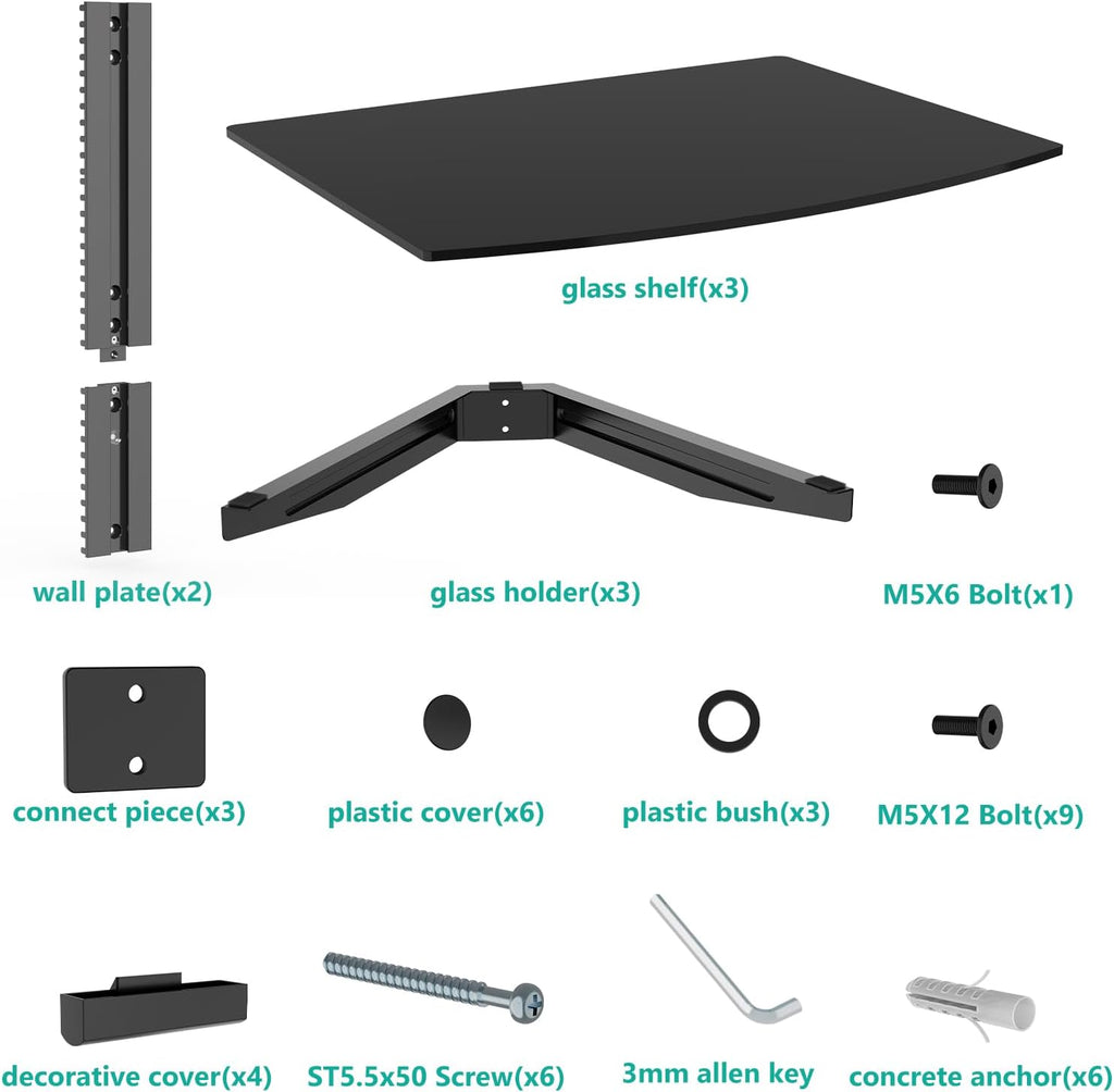 WALI Floating Entertainment Center Shelves, Holds Up to 17.6lbs, TV Shelf with Strengthened Tempered Glasses for DVD Players, Cable Boxes, Games Consoles, TV Accessories (CS303B), 3 Shelf, Black