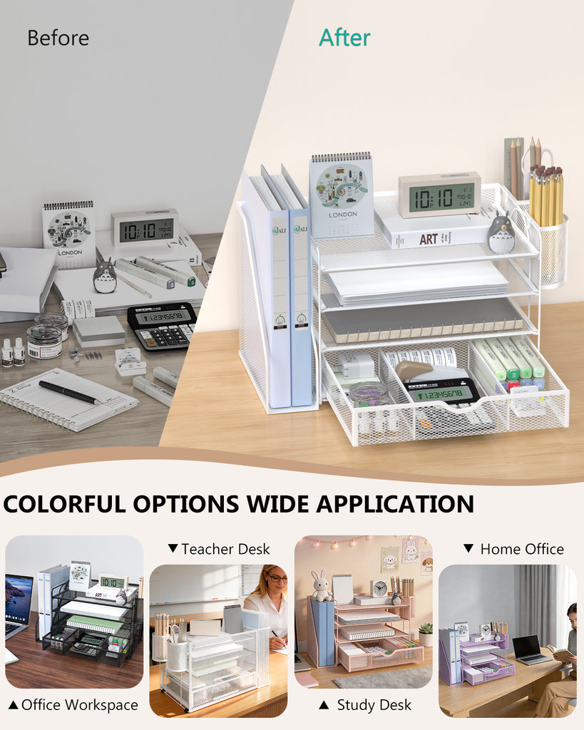 WALI Desk File Organizer, 4 Tier Desktop Paper Letter Tray Organizer with Drawer and 2 Pen Holders, Office Desk Accessories & Workspace Organizers for Office, Home Supplies(DO005DH-W), 1 Pack, White