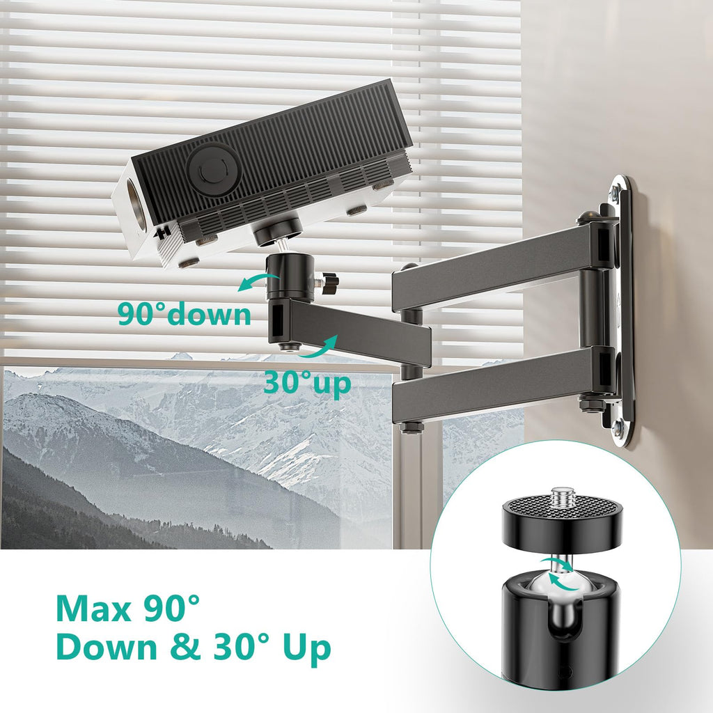 WALI Foldable Projector Wall Mount Universal Adjustable Wall Projector Mount Aluminum Alloy Projectors Stand,1/4" M4 M6 Screw Size,(1330LM-PM), Black